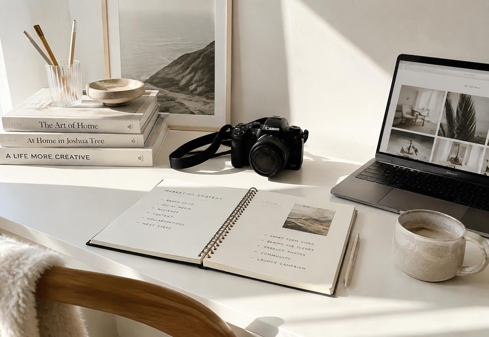 A bright studio desk with a marketing strategy notebook, camera and laptop